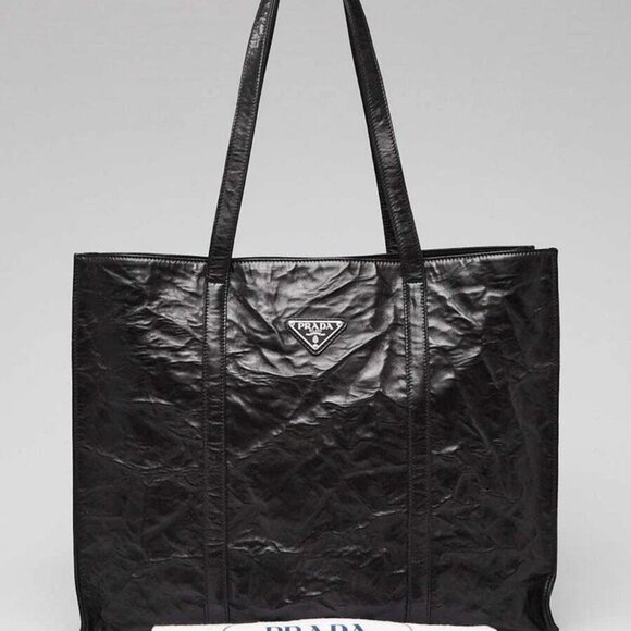 Prada Black Crinkle Nappa Leather Large Tote Bag - 1BG460 - Picture 1 of 9